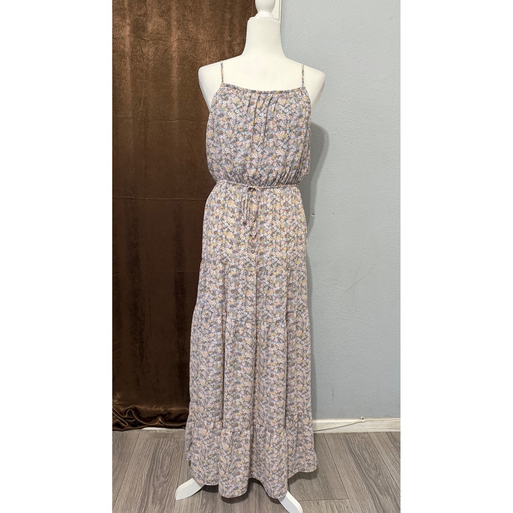 Sienna Sky Blue Floral‎ Maxi Dress M Tiered Sleeveless Drawstring Waist Peasant